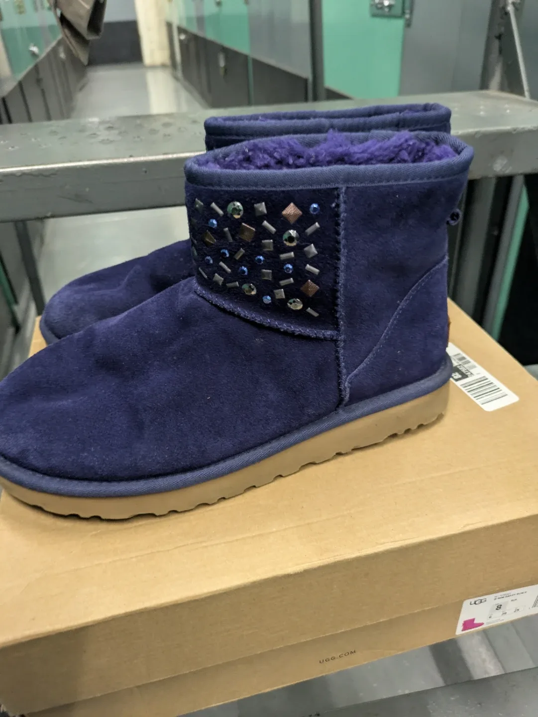UGG WOMEN'S CLASSIC SUEDE STUDDED SHEARLING LINED BOOTS BLUE‎ image indicator(2)
