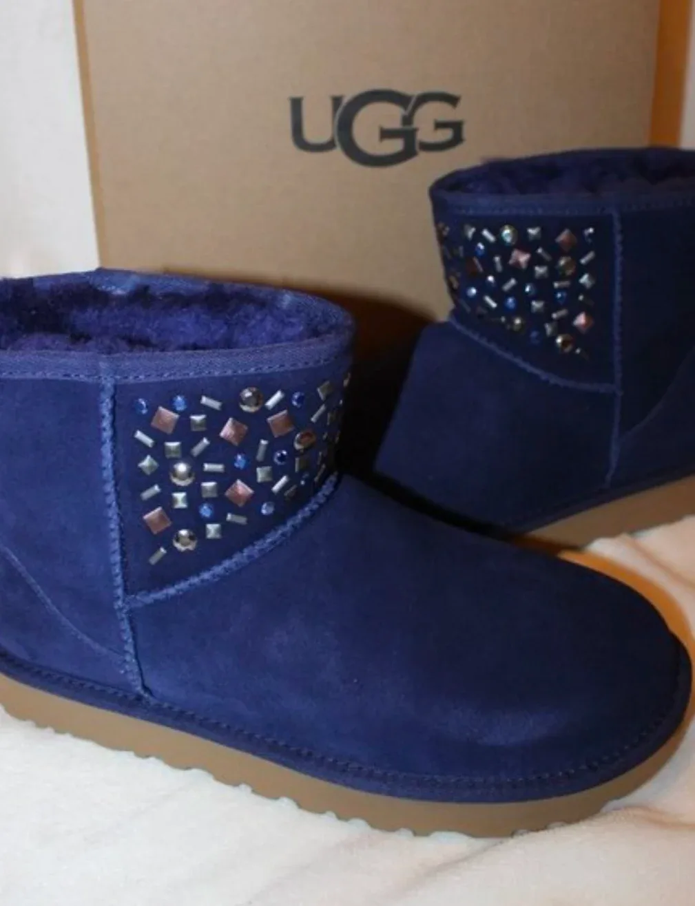 UGG WOMEN'S CLASSIC SUEDE STUDDED SHEARLING LINED BOOTS BLUE‎ image indicator(6)