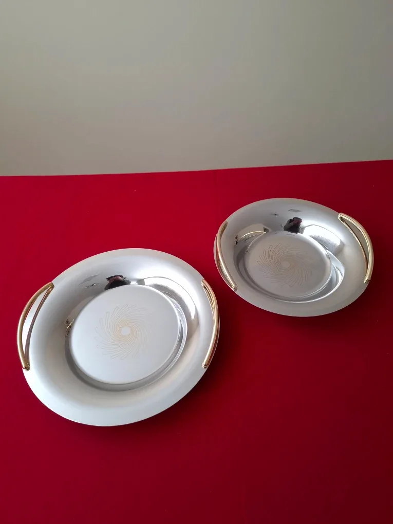Pair of Stainless Steel Serving Trays with Gold Handles thumbnail