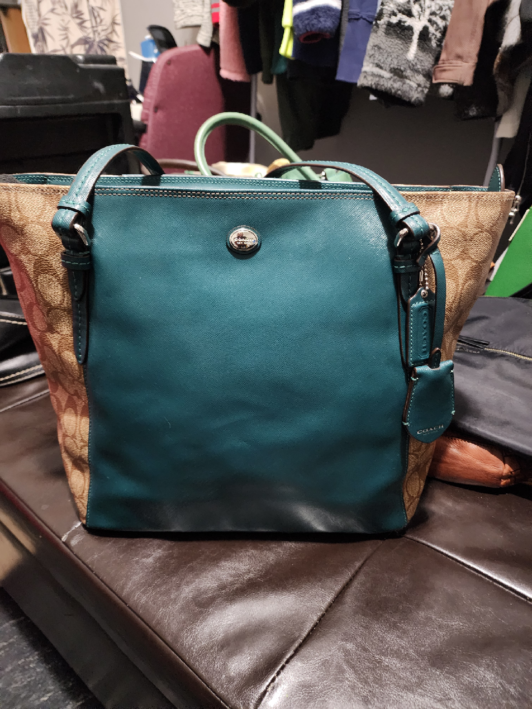 Coach Teal Leather & Signature Canvas Tote Bag