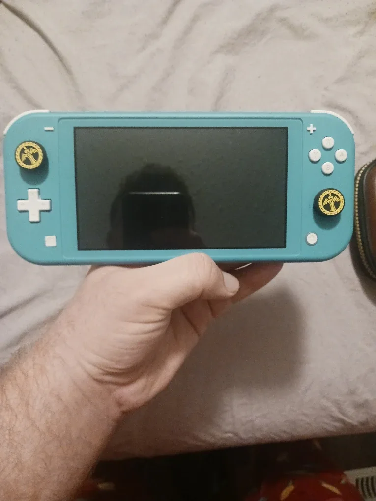 Nintendo Switch Lite Turquoise with Zelda Case and black case.