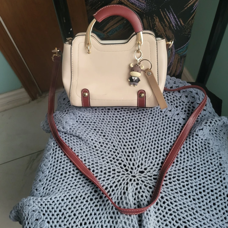 Beige & Burgundy Handbag with Shoulder Strap