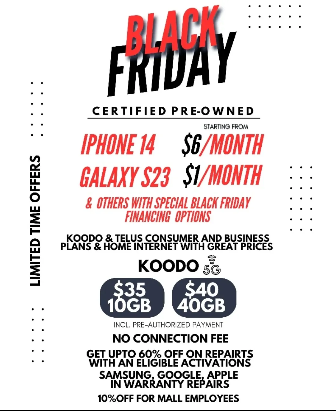 $105 Telus Unlimited Data plan, no connection charges