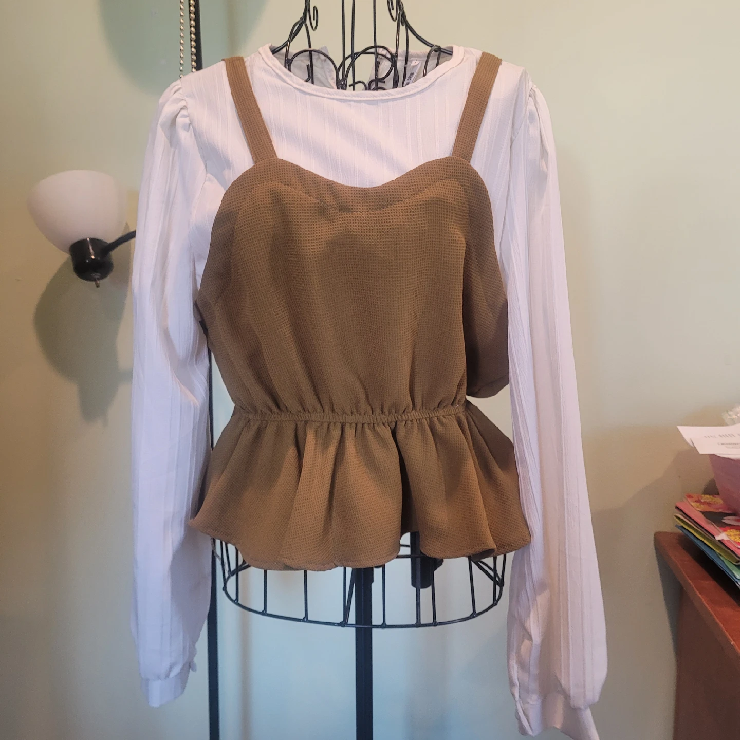 Unworn/New Brown Peplum Top with White Long Sleeve