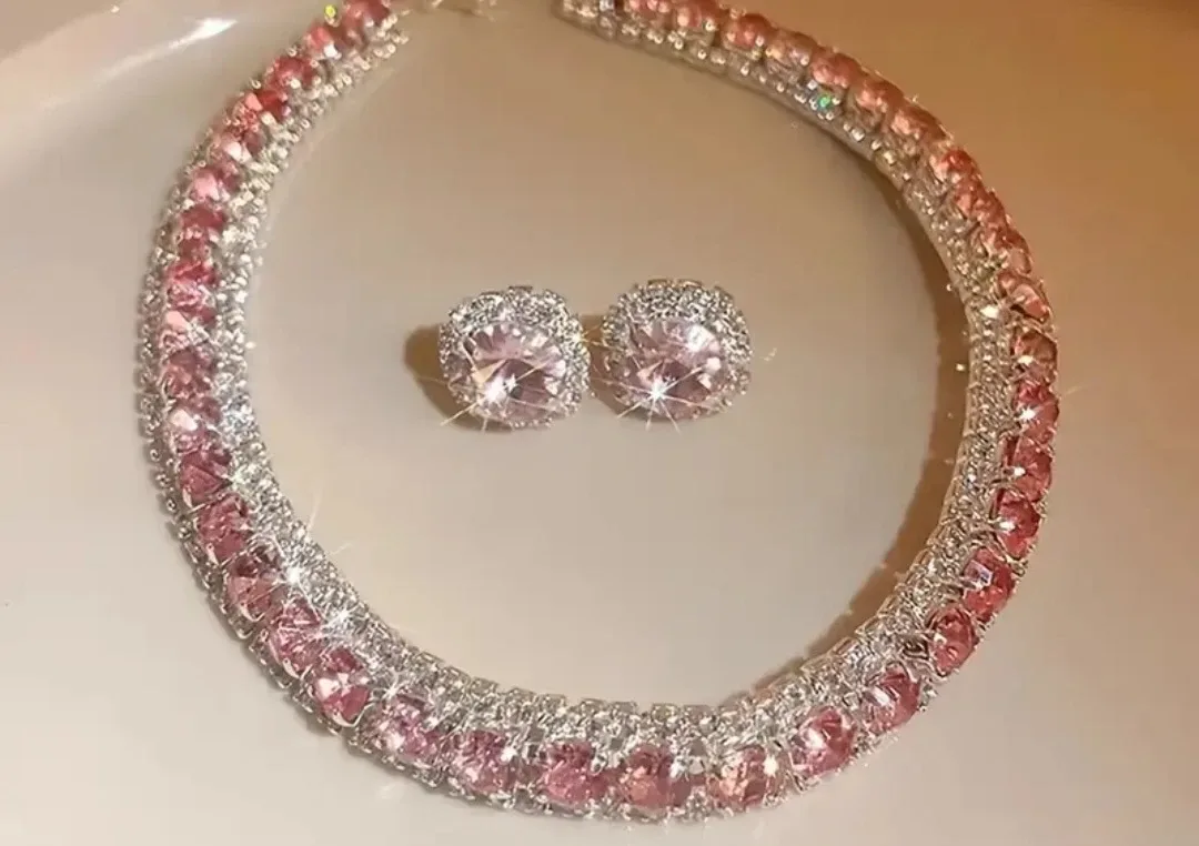 Pink Rhinestone Necklace & Earrings Set image indicator(3)