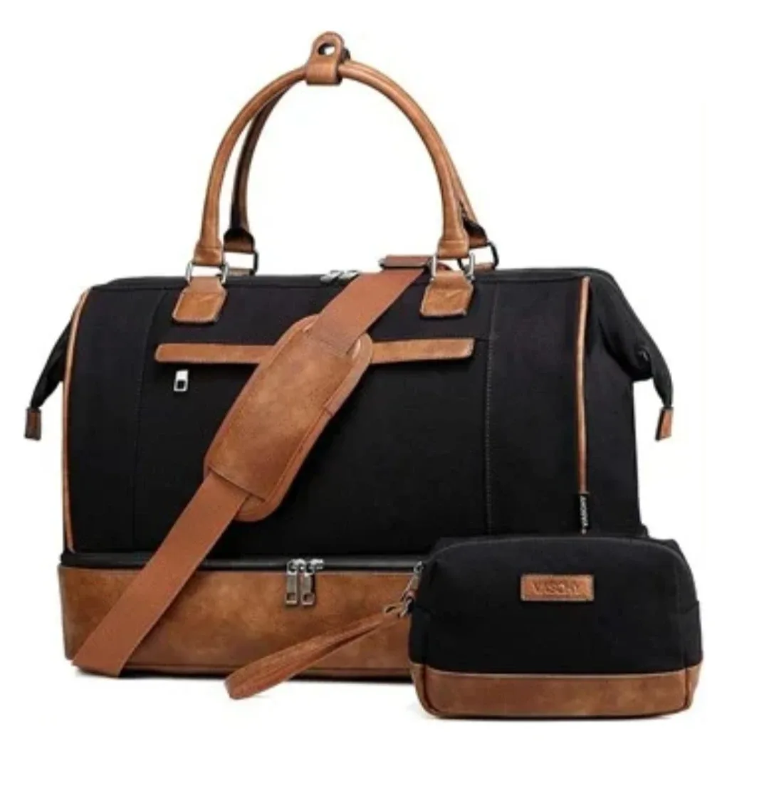VASCHY Black & Brown Travel Duffel Bag