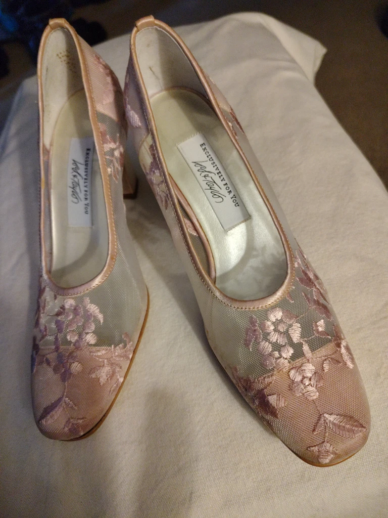 John Taylor Ice Pink Embroidered Mesh Heels - Size 6.5