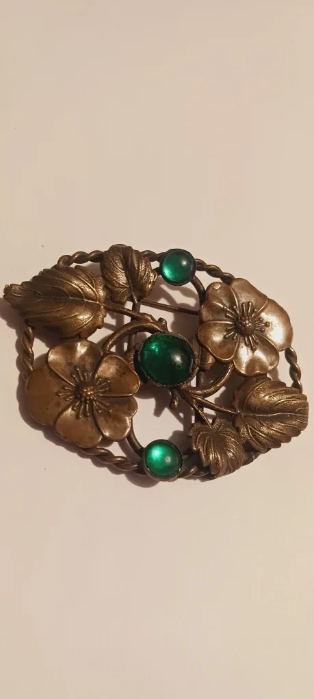 Rare Antique Floral Brooch with Green Stones