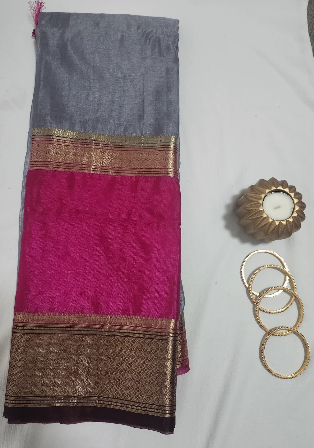 Crepe silk saree grey and Pink