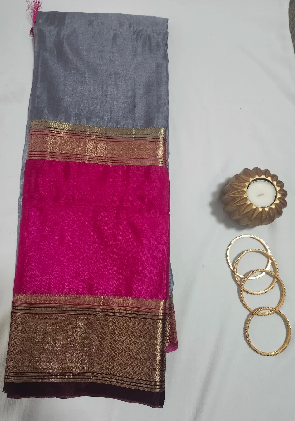 Crepe silk saree grey and Pink thumbnail