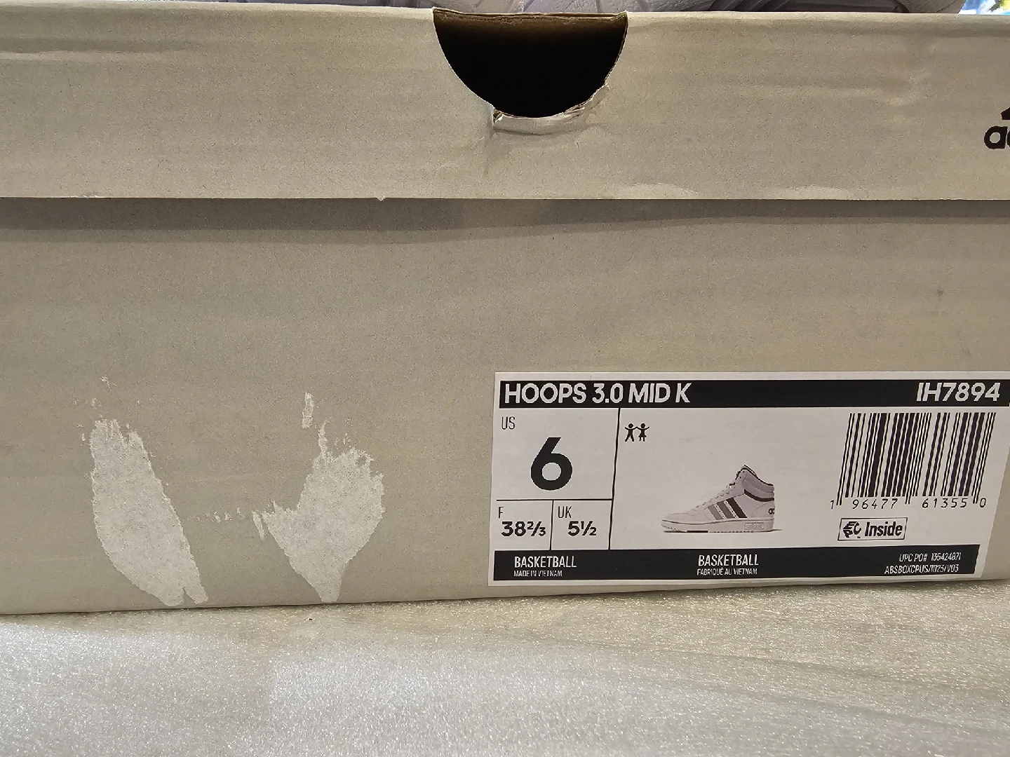 New Adidas Hoops 3.0 Mid K White Sneakers - US 6