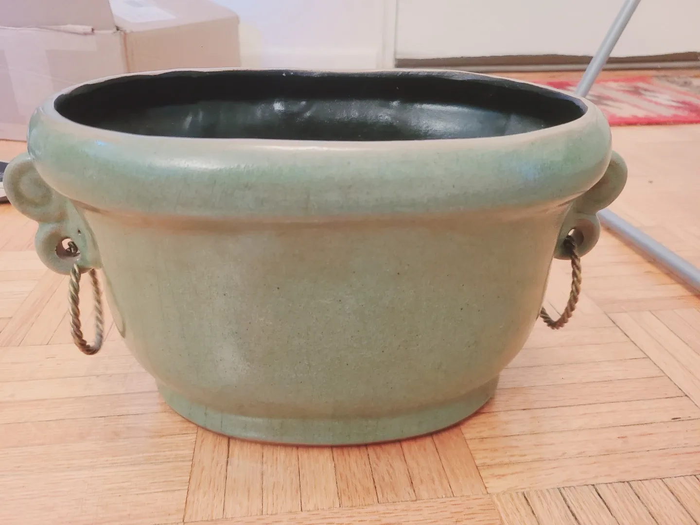 Beautiful Big Green Ceramic Planter (flower pot) with Handles thumbnail