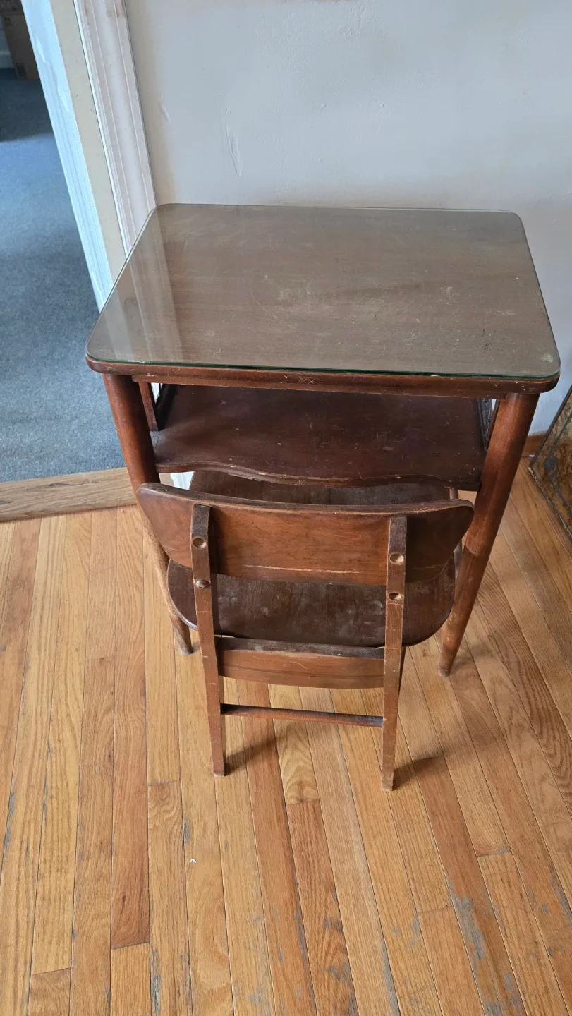 Vintage Wooden Telephone Table & Chair image indicator(5)