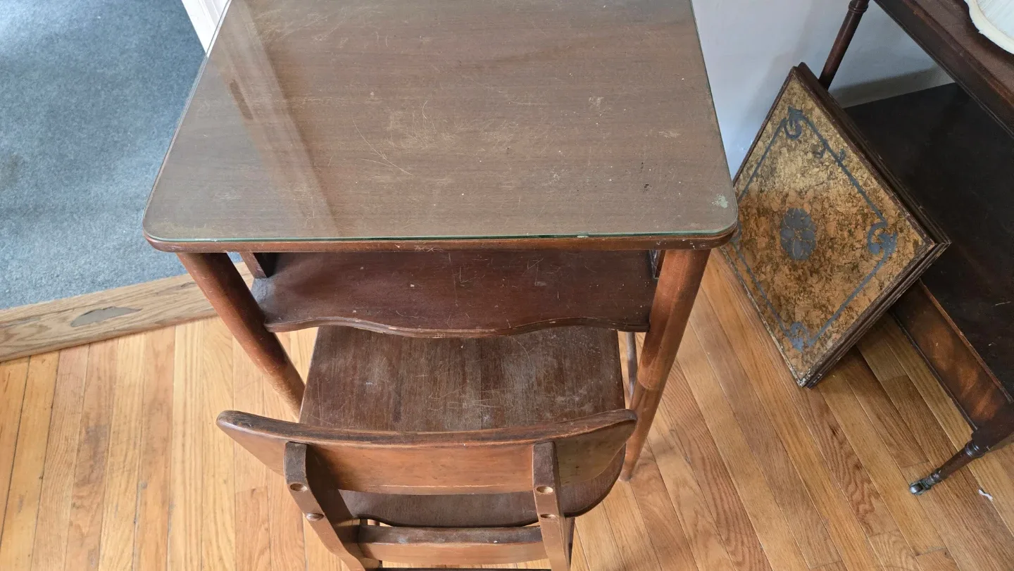 Vintage Wooden Telephone Table & Chair image indicator(8)