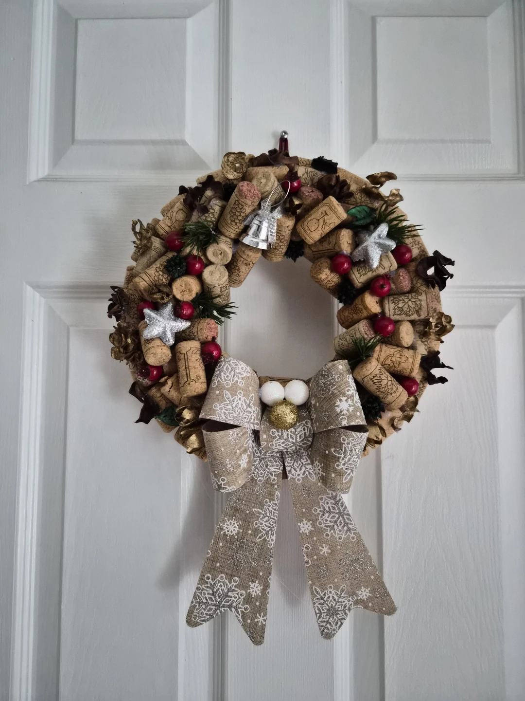 Handmade Wine Cork Wreath with Snowflake Bow