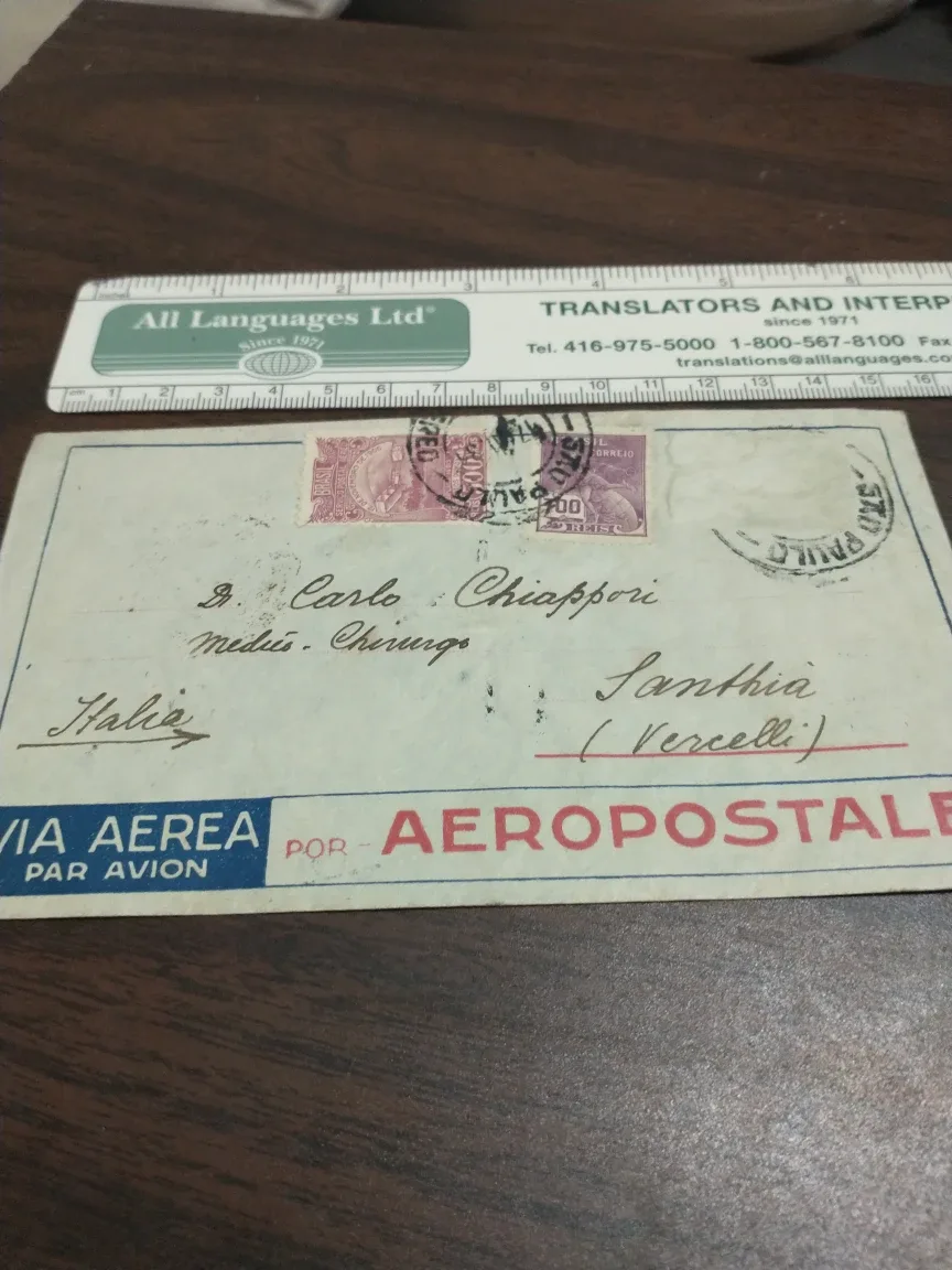 1934 airmail cover, Brazil to Italy missing one of three stamps