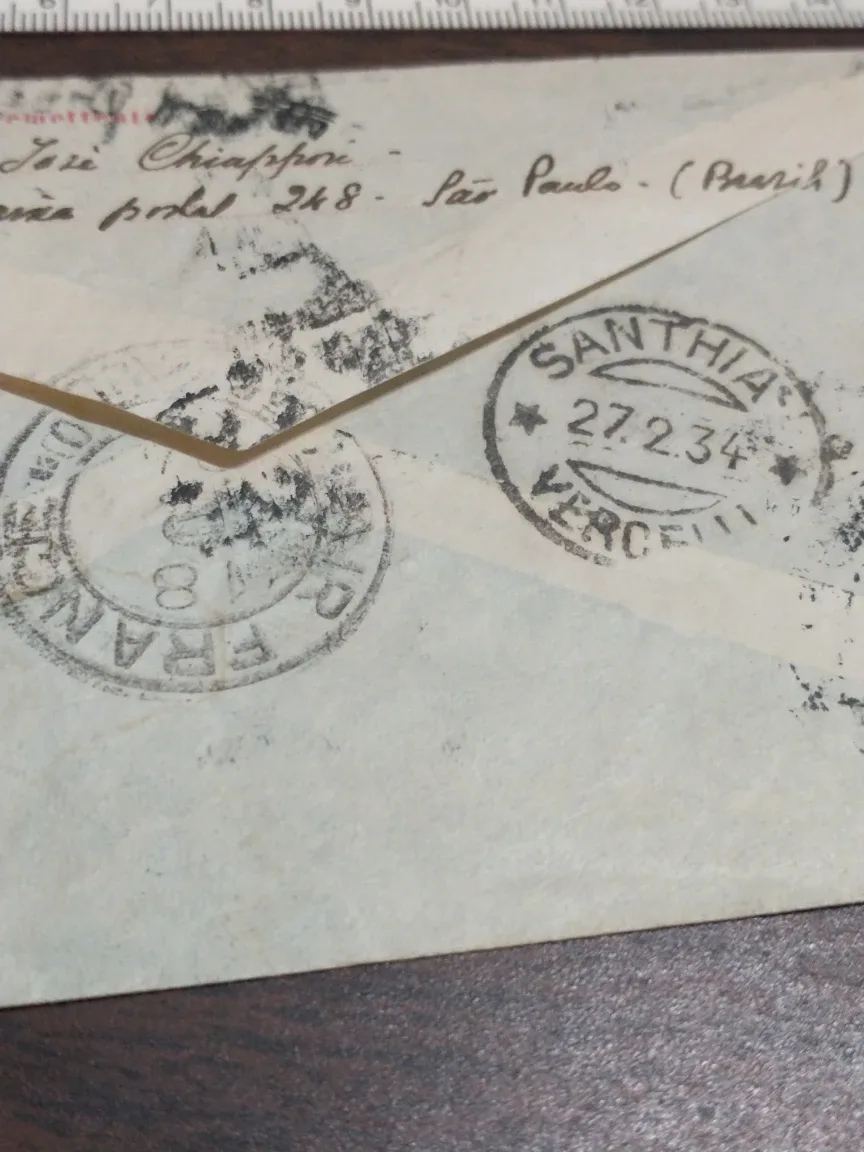 1934 airmail cover, Brazil to Italy missing one of three stamps image indicator(3)