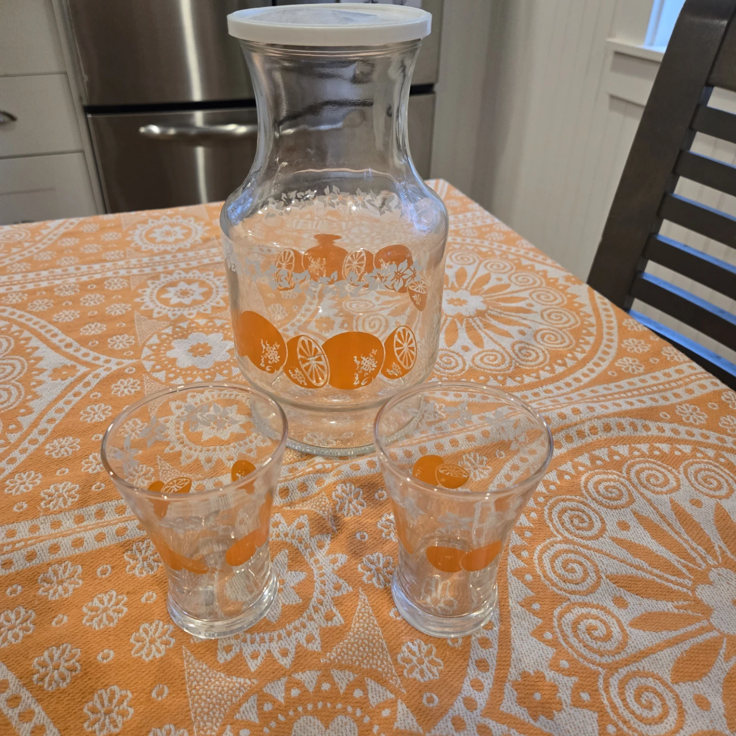 Vintage Anchor Hocking Orange & White Blossom Pitcher 2  Glasses - photo 2