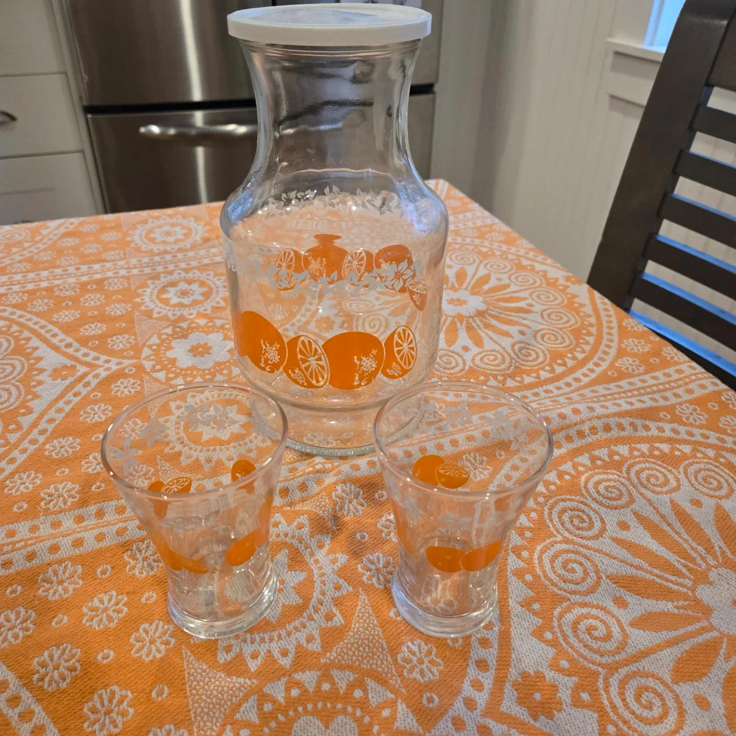 Vintage Anchor Hocking Orange & White Blossom Pitcher 2  Glasses image indicator(2)