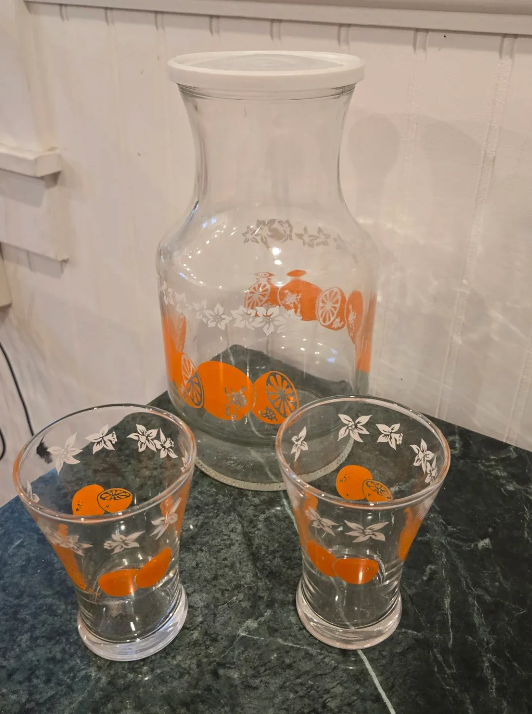 Vintage Anchor Hocking Orange & White Blossom Pitcher 2  Glasses image indicator(3)