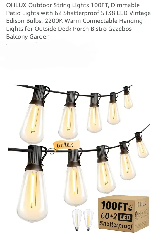 OHLUX Outdoor String Lights 100FT
