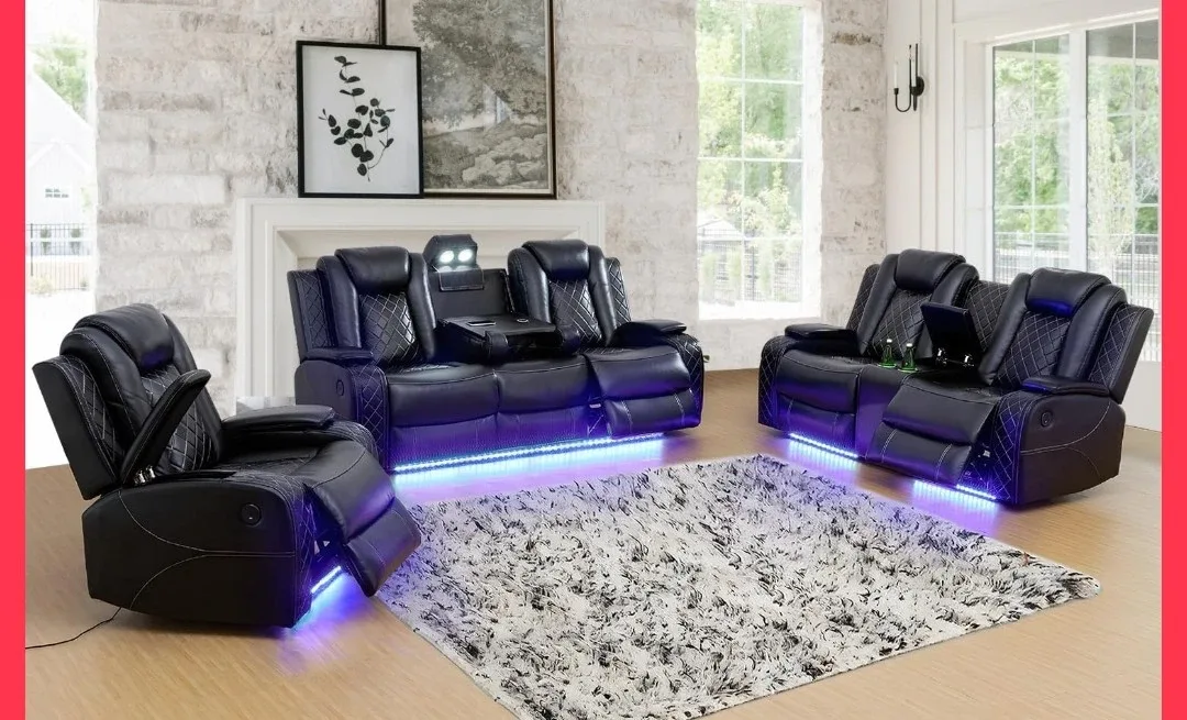 Black Leather Reclining Sofa Set with LED Lights thumbnail
