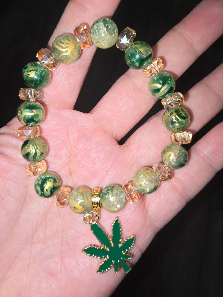Green & Gold Beaded Bracelet with Charm