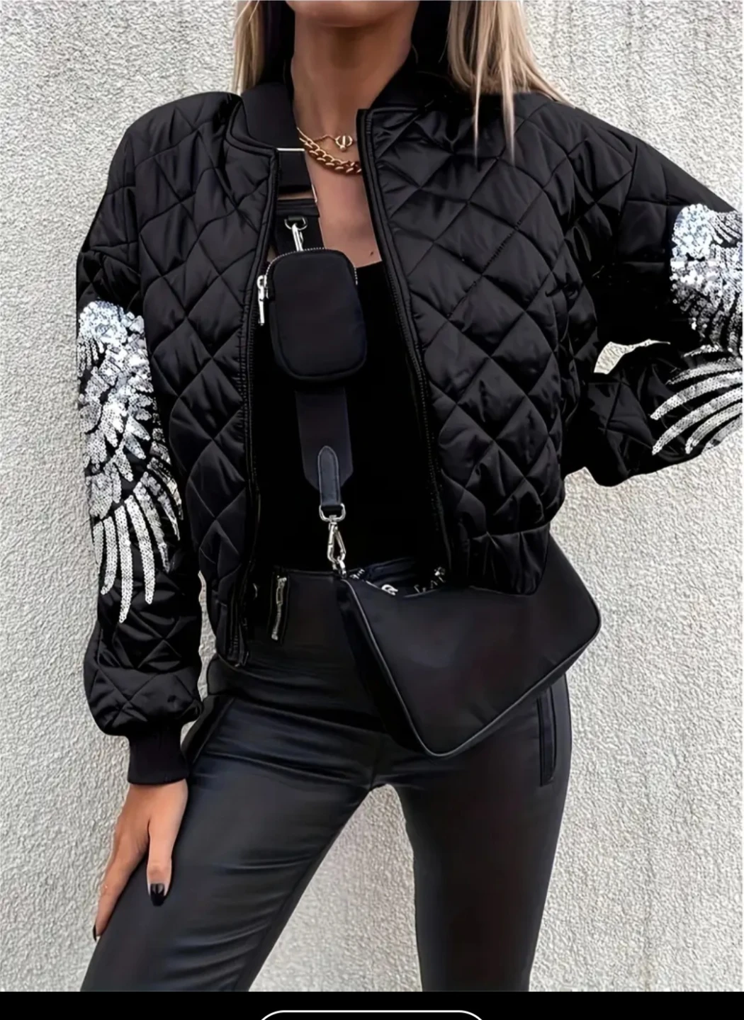 Black Quilted Bomber Jacket with Wing Design✨️🧥
