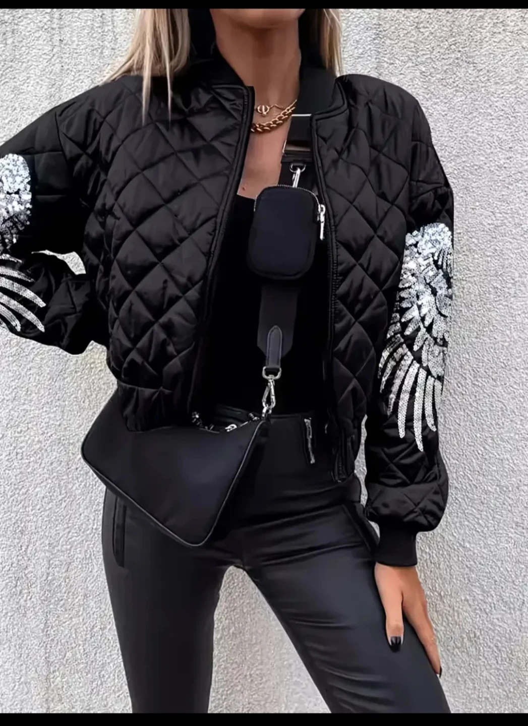 Black Quilted Bomber Jacket with Wing Design✨️🧥 - photo 3
