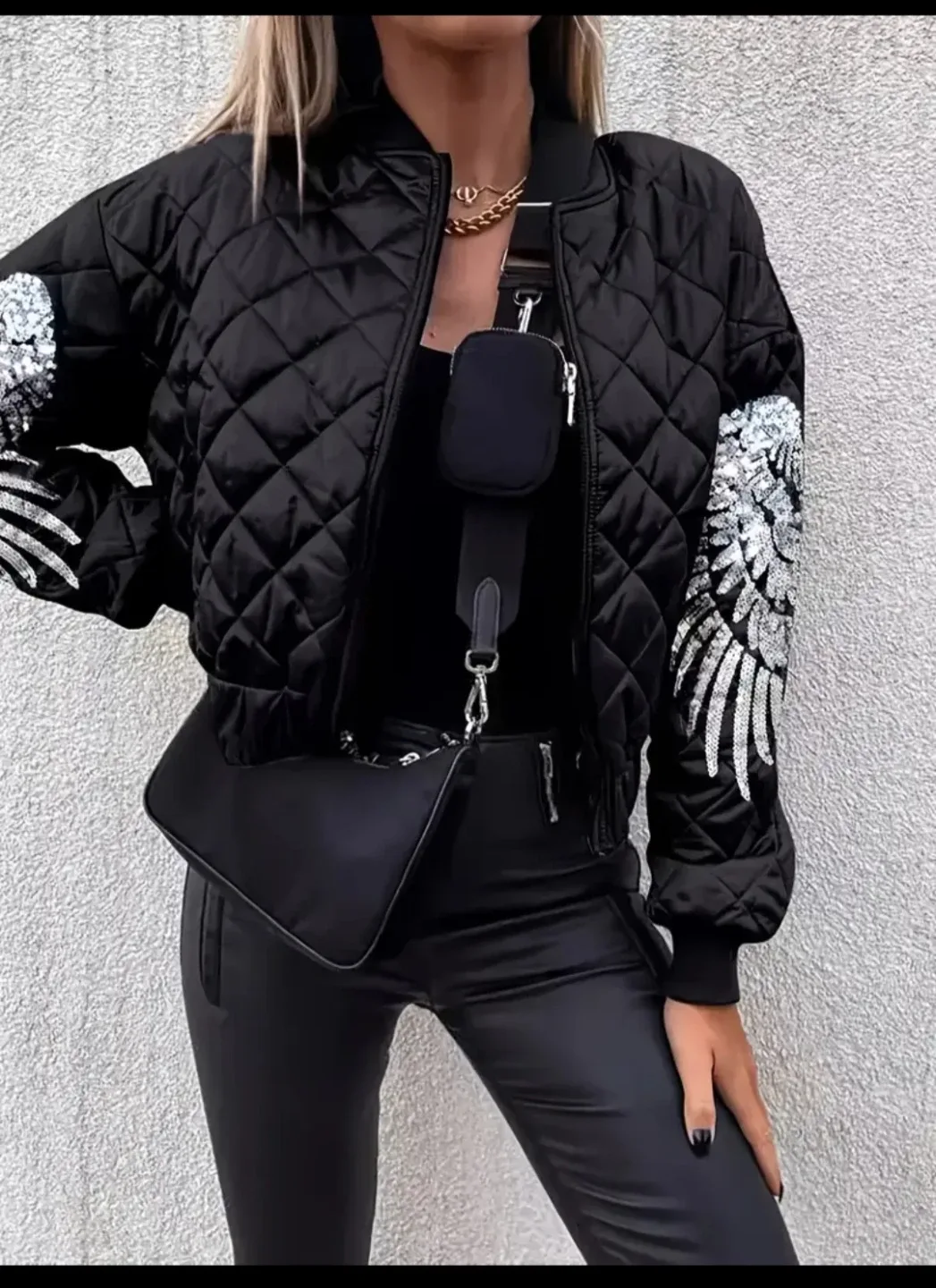 Black Quilted Bomber Jacket with Wing Design✨️🧥 image indicator(3)