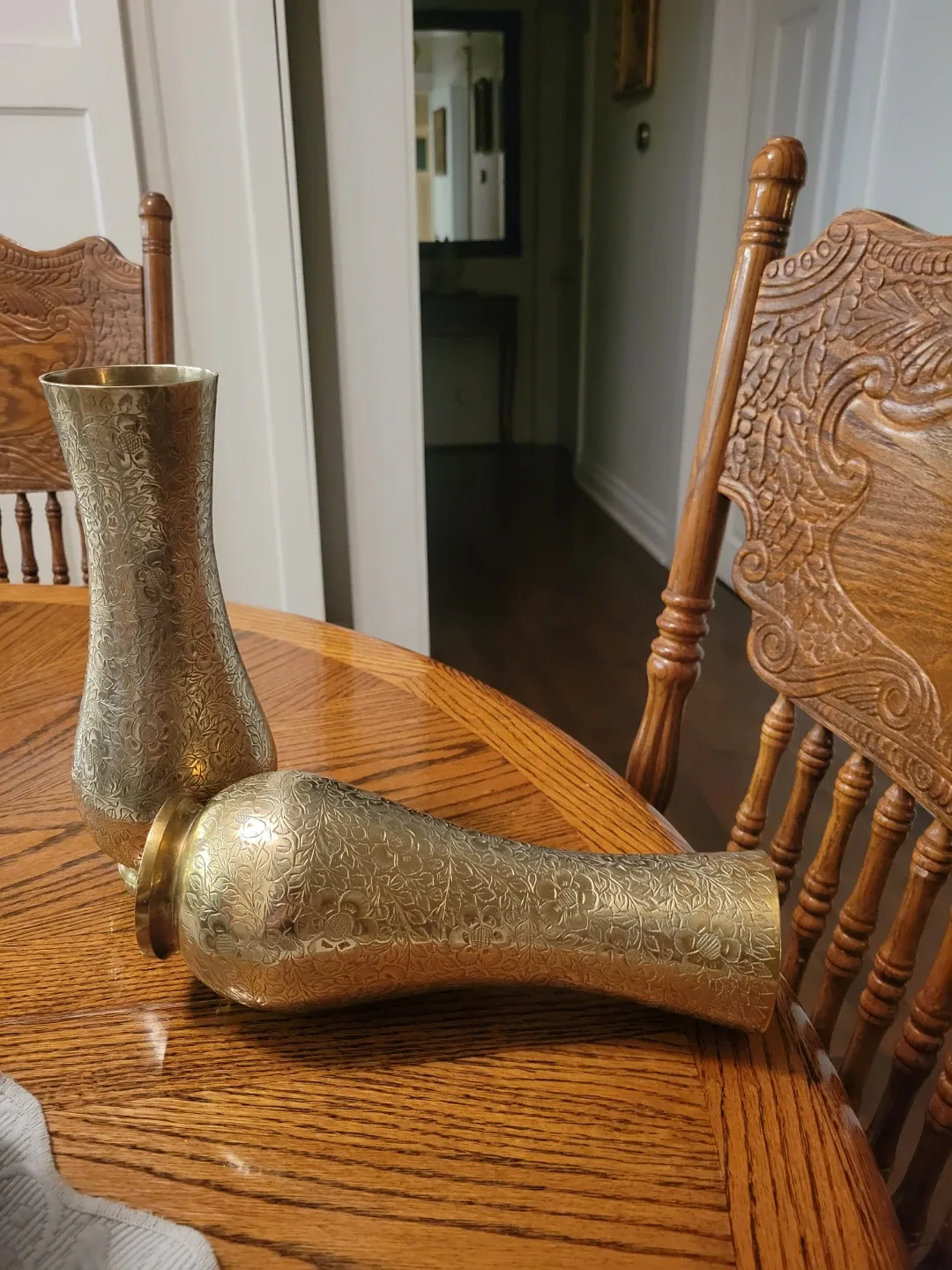 Vintage Ornate Brass Etched Floral Vases.Christmas Decor. 10"t image indicator(3)