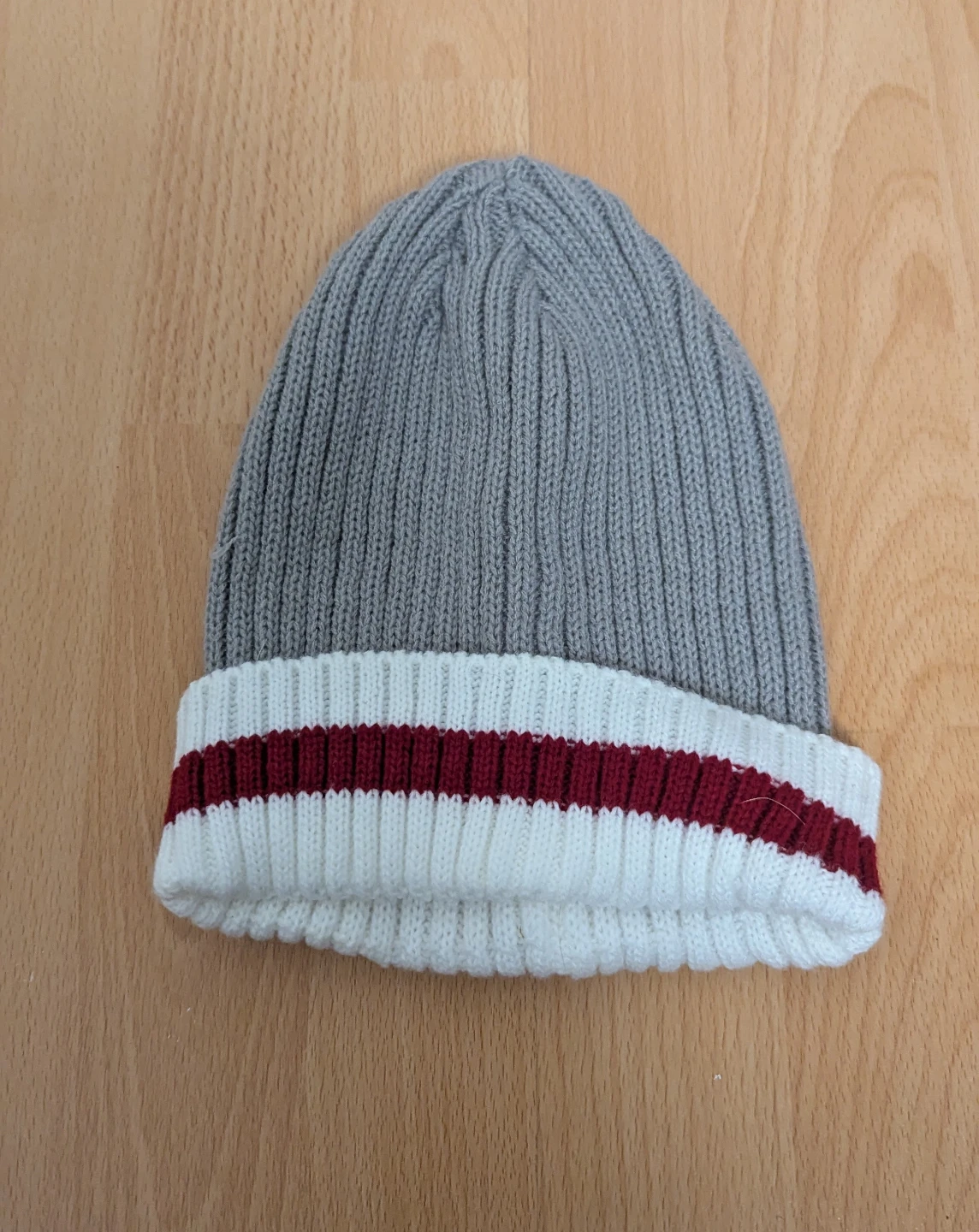 Brand New Grey Knit Beanie - Striped Cuff