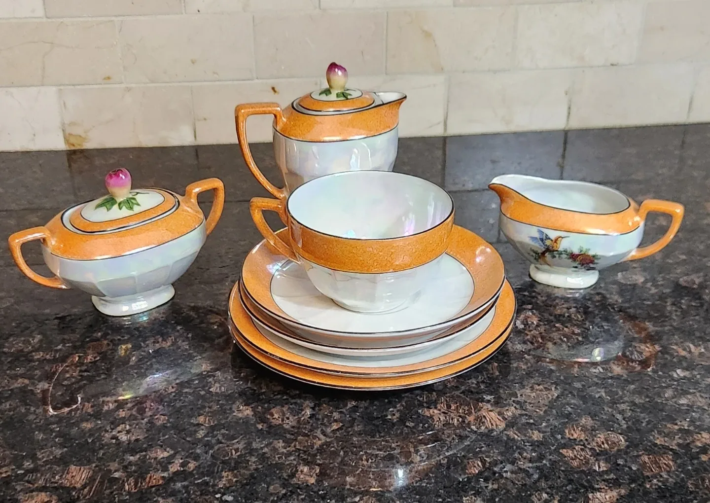 Vintage Japanese Tea Set with Bird Design