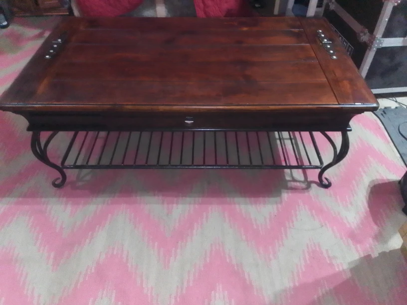 Brown Wooden Coffee Table with Iron Base