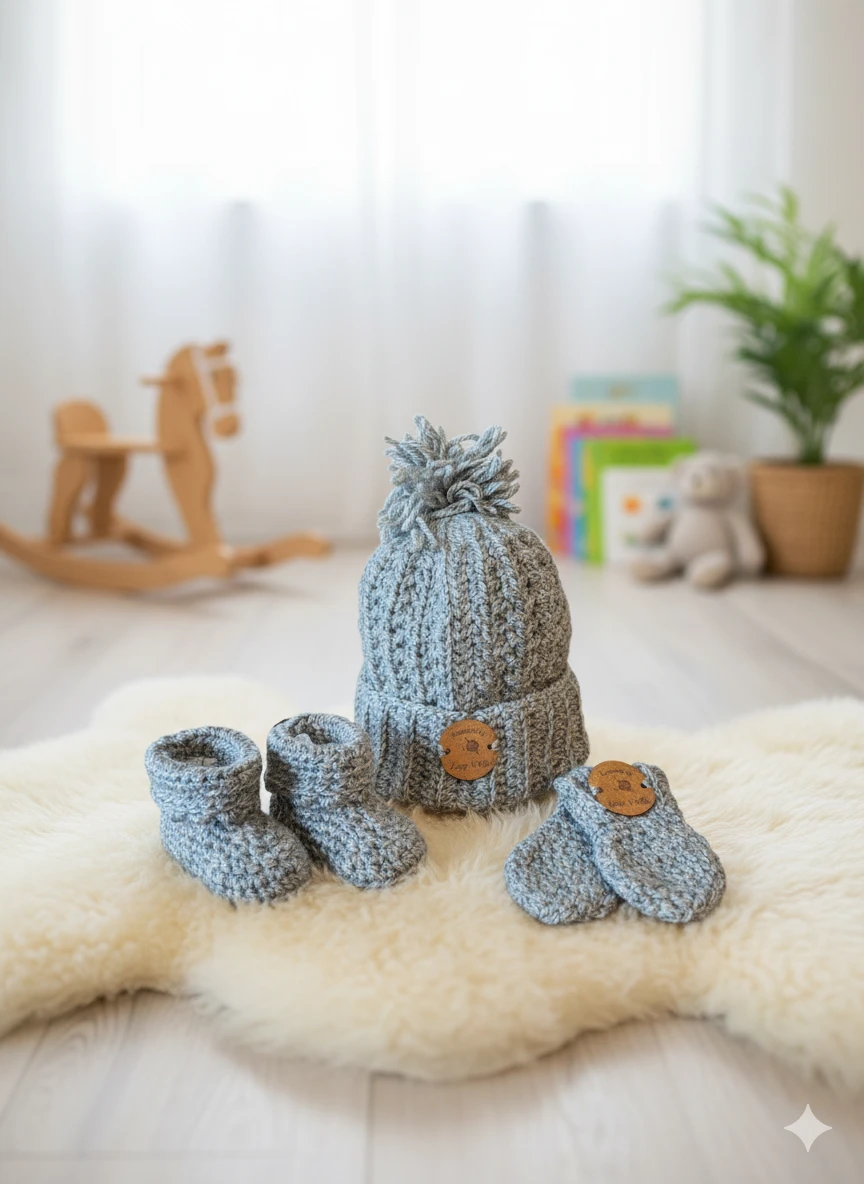 Handmade Knitted Baby Hat, Booties & Mittens Set