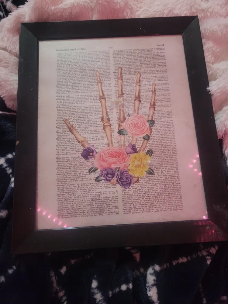 Framed Dictionary Art - Skeleton Hand & Flowers