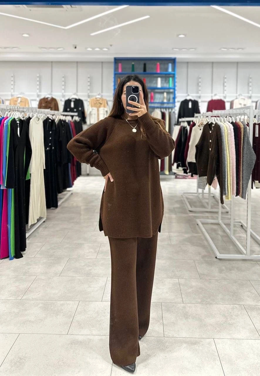Brown Knit Sweater and Pants Set