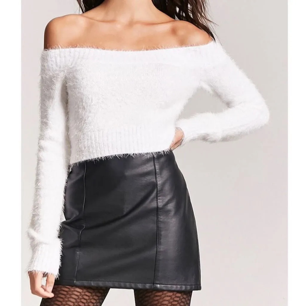 Forever 21 White Fuzzy Off-the-Shoulder Sweater - Size M