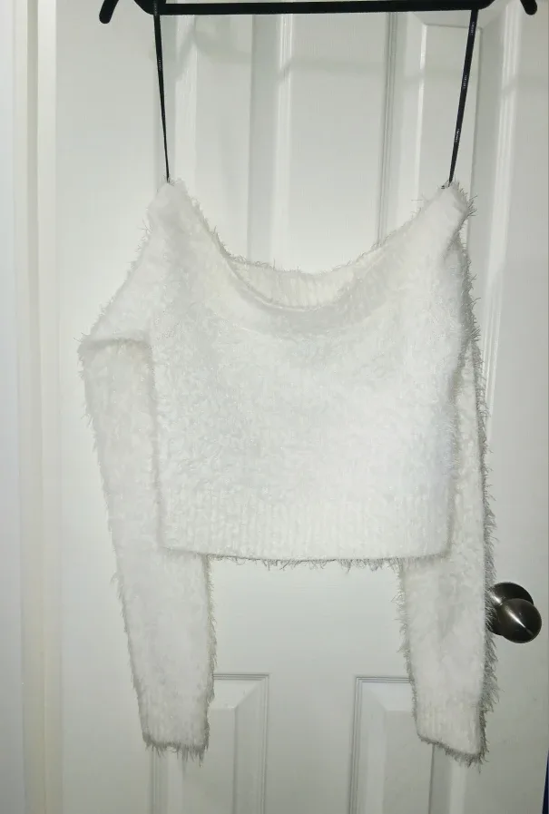 Forever 21 White Fuzzy Off-the-Shoulder Sweater - Size M image indicator(3)