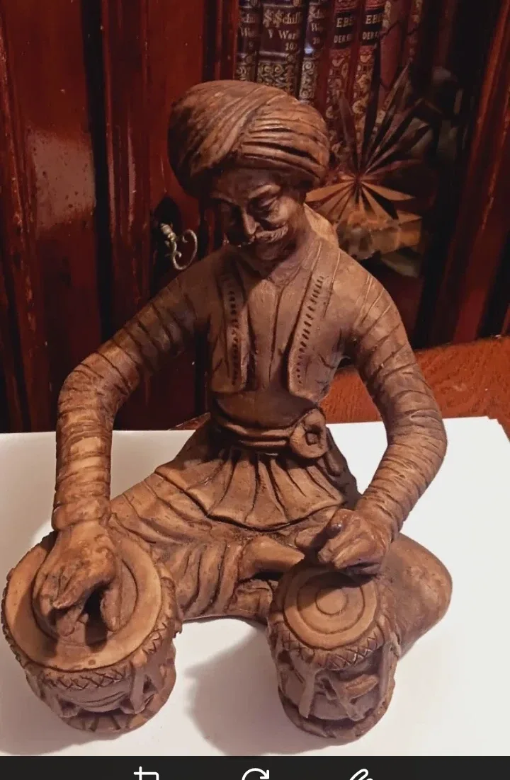 Indian Musician Carved Wood Rajasthan Figurine thumbnail
