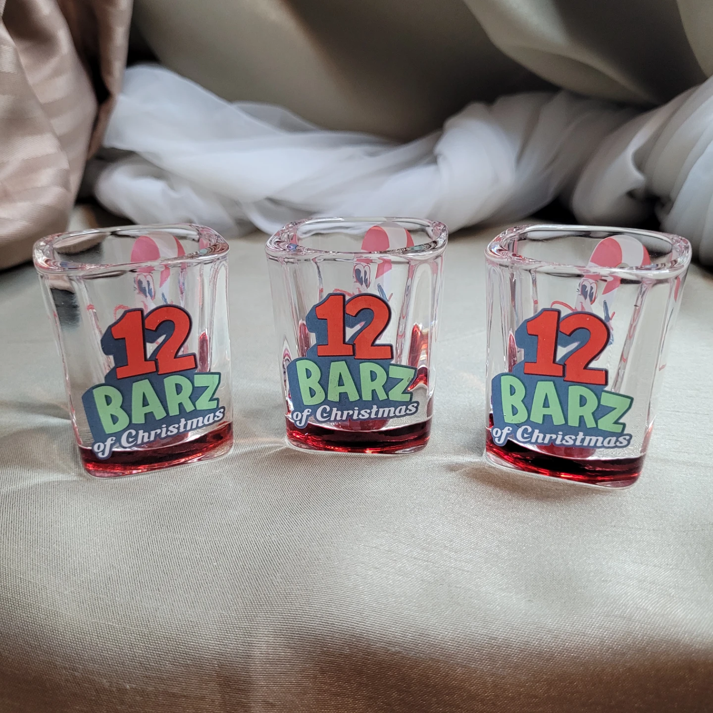 Set of 3 Holiday Christmas Shot Glasses -12 Barz of Christmas
