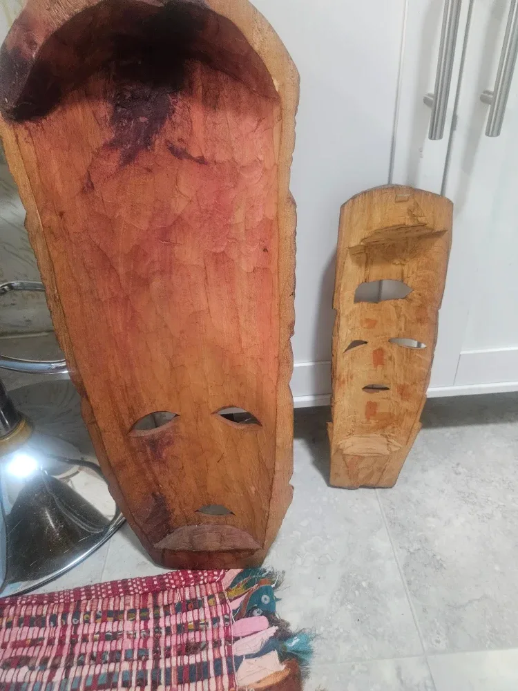 HAND carved wood Tiki 2- mask wall hanging image indicator(2)