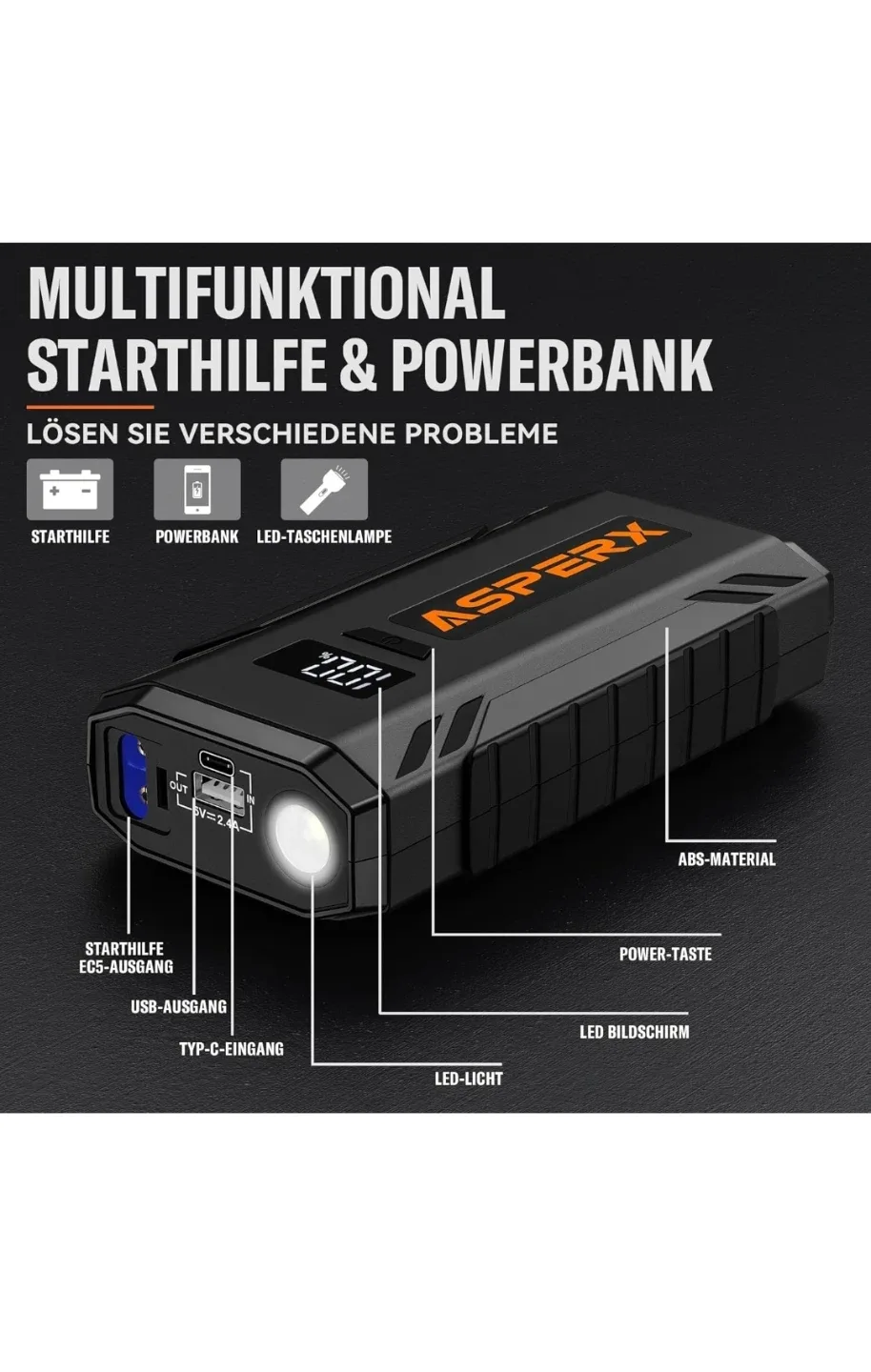 New  AsperX  Car a jump starter power bank 2000a Features image indicator(4)