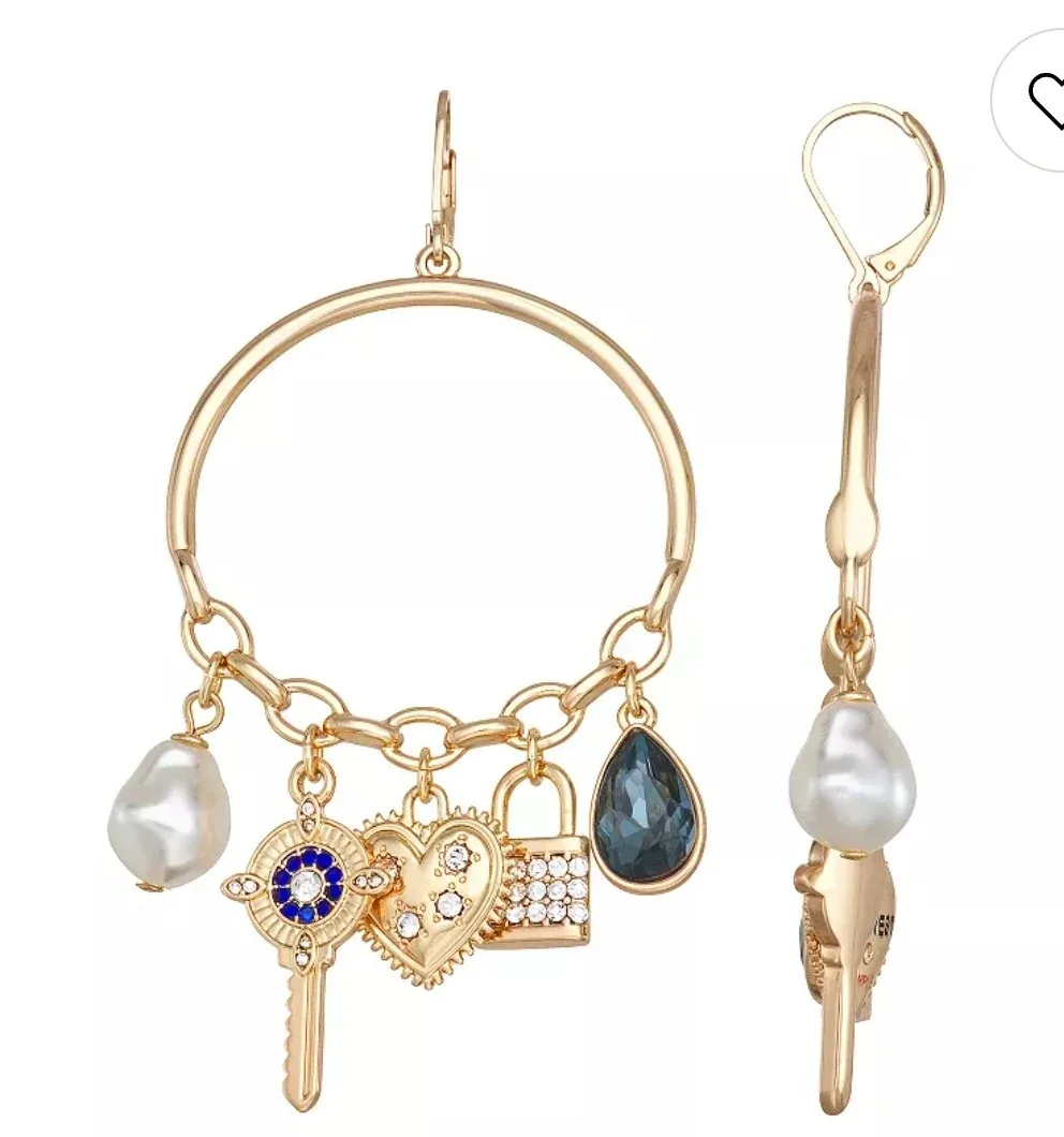 Nine West Gold Charm Hoop Earrings image indicator(3)