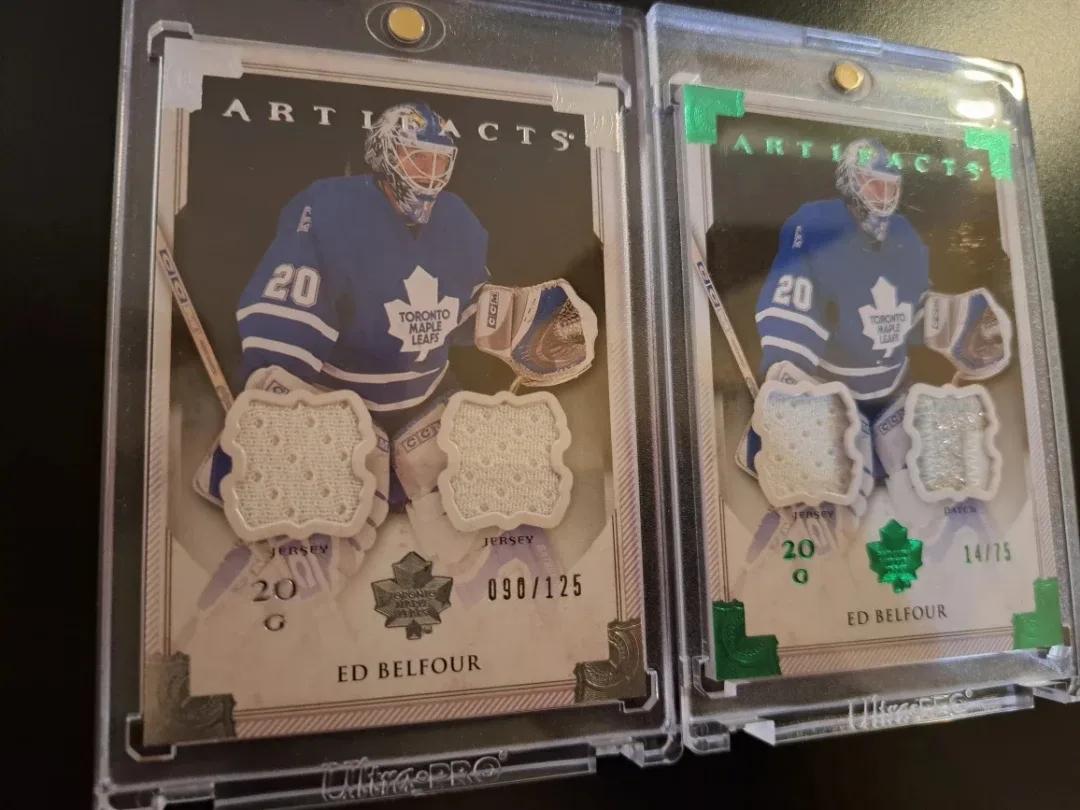 Upper Deck artifacts/Ed Belfour/silver/Emerald game worn cards image indicator(2)