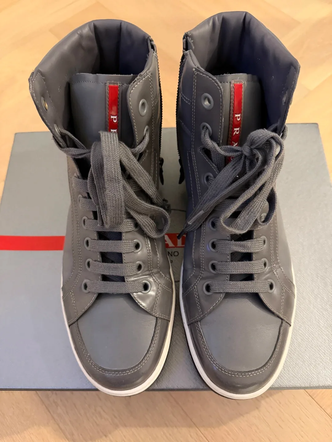 Prada Grey Leather High-Top Sneakers