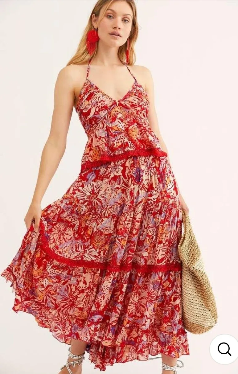 Free People Red Floral Halter Top and matching skirt, Size L