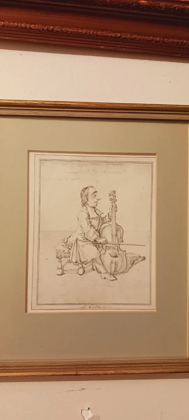 Framed Vintage Etching " Man playing a cello" wall decor thumbnail
