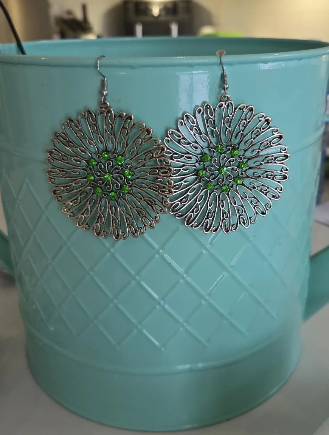 Silver Tone Floral Earrings with Green Accents