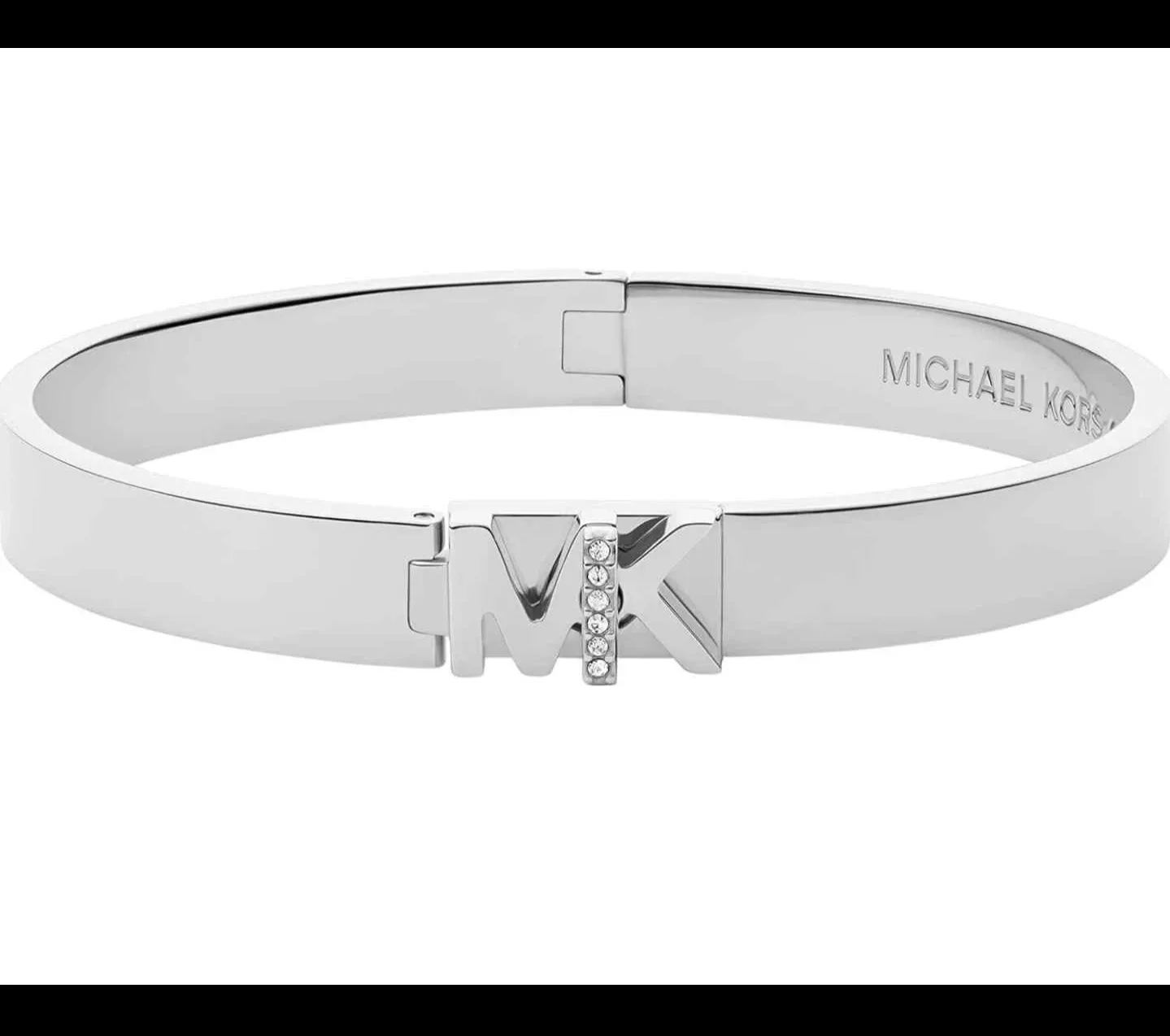 MK logo bangle bracelet in stainless steel with pavé crystals. 